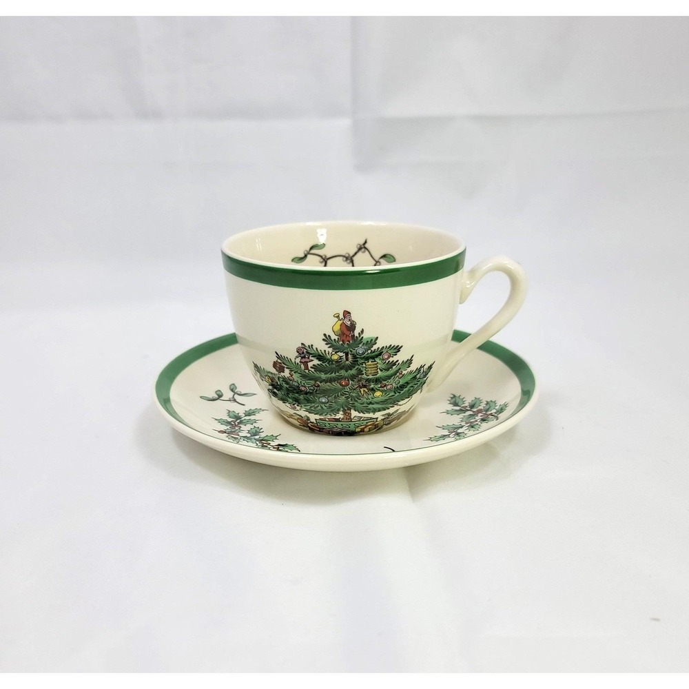 Spode Christmas Tree Teacup and Saucer Set Porcelain Made in England Vintage